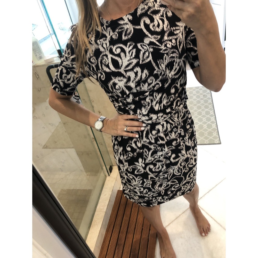 Jones New York Black Cream Printed Jersey Knit Midi Dress Size 10 NWT